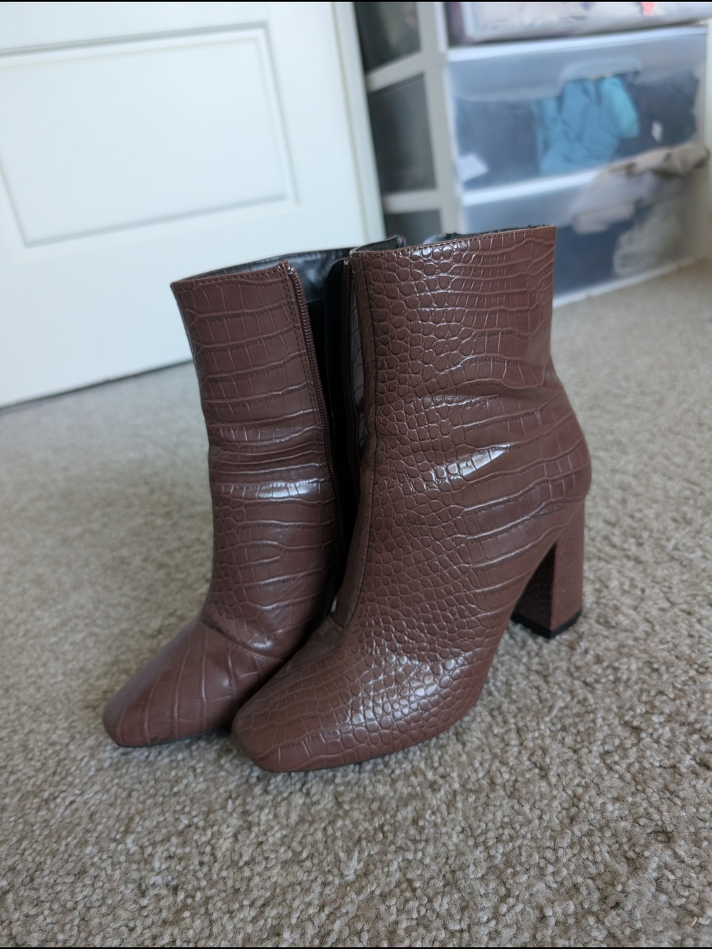 Brown Croc-Embossed Block Heel Ankle Boots